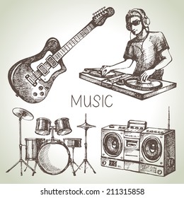 Sketch music set. Hand drawn vector illustrations of Dj icons