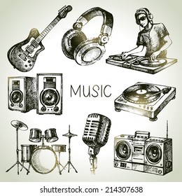 Sketch music set. Hand drawn vector illustrations of Dj icons