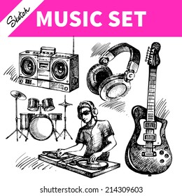 Sketch music set. Hand drawn vector illustrations of Dj icons
