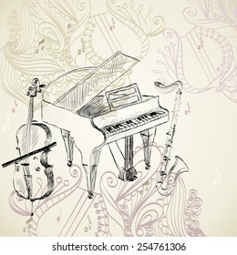 sketch of musical instruments on a beige background