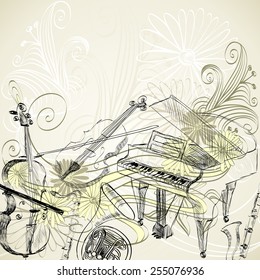 sketch of musical instruments on a beige background