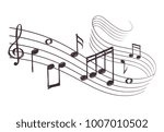 Sketch musical sound wave with music notes. Hand drawn vector illustration. Music note doodle and audio record