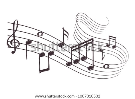 Sketch musical sound wave with music notes. Hand drawn vector illustration. Music note doodle and audio record