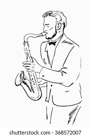 Sketch of a musician with a saxophone.Jazz with saxophone,vector illustration.Saxophonist painted black outline on a white background.