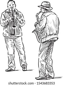 Sketch of musicians duet playing on oboy and saxophone