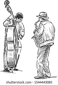 Sketch of musicians duet playing on saxophone and double bass