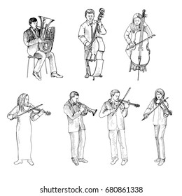 Sketch of musicians, orchestra, hand drawn vector illustration