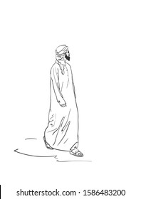 Sketch of muslim arabic man in traditional clothes, Hand drawn vector linear illustration