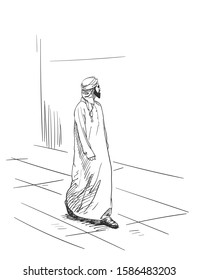Sketch of muslim arabic man in traditional clothes walking outside, Hand drawn vector illustration