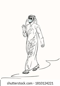 Sketch of muslim arabic man in traditional white clothes uses medical face mask on beard,  walks and waves with hand, Coronavirus prevention, Hand drawn vector illustration