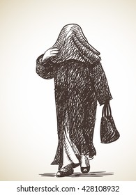 Sketch of muslim woman walking with head full covered, Hand drawn vector illustration