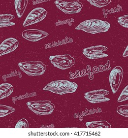 Sketch of mussels and oysters. Vector illustration set in stippling style. Seamless pattern background vector with seafood elements. Hand drawn food icons. Graphic texture for restaurant template.