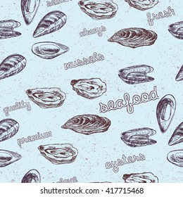 Sketch of mussels and oysters. Vector illustration set in stippling style. Seamless pattern background vector with seafood elements. Hand drawn food icons. Graphic texture for restaurant template.