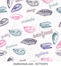 Sketch of mussels and oysters. Vector illustration set in stippling style. Seamless pattern background vector with seafood elements. Hand drawn food icons. Graphic texture for restaurant template.