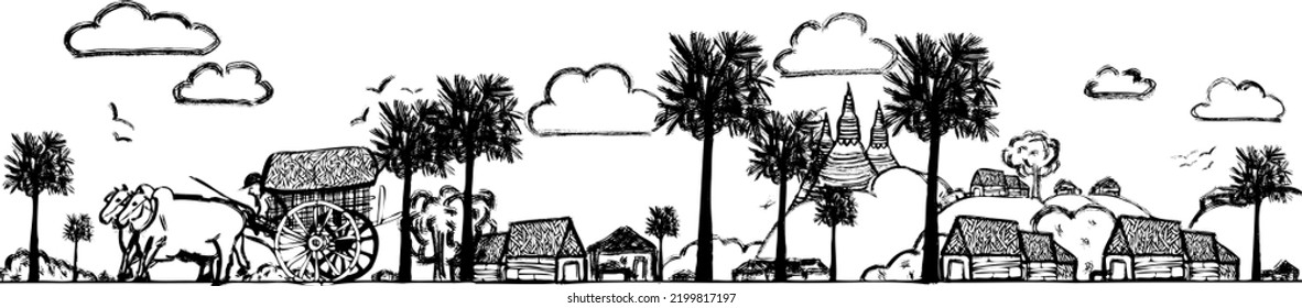 Sketch Myanmar Village Skyline with huts. Village Landscape Vector Illustration. Myanmar farmers grow rice during the monsoon season concept.