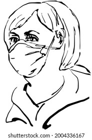 Sketch n1044 face female Blonde with short hair intense makeup and a medic mask