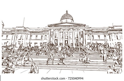 Sketch of The National Gallery is an art museum in Trafalgar Square in the City of Westminster, in Central London UK ( United kingdom, England ) in vector illustration