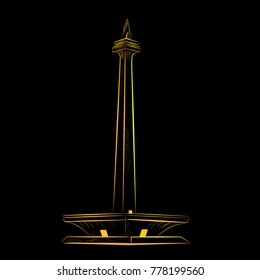 Sketch of National Monument - Jakarta (Indonesia Capital City) Landmark / Public Park Area, at Black Background