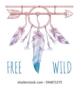 Sketch of native american accessoriy with arrow and feathers and sign free wild. Vector illustration