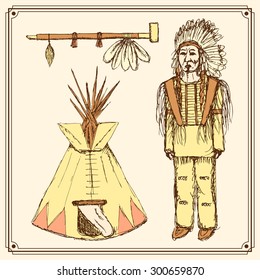 Sketch native american set in vintage style, vector