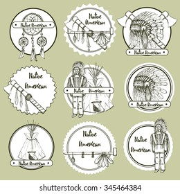Sketch Native american symbols in vintage style, vector set of emblems