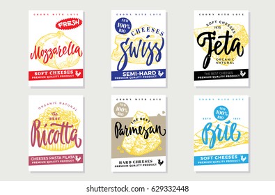 Sketch natural cheese brochures with inscriptions and products of different sorts and varieties vector illustration