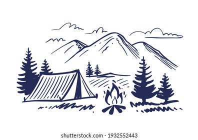 Sketch nature with mountains and camping. Design for textile, fabrics, graphics, prints, t-shirts.