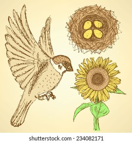 Sketch nature set in vintage style, vector