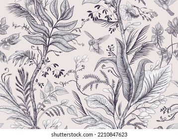 Sketch nature wallpaper. Fantasy tropical background with birds. Light design for wrapping paper. Vector clipart