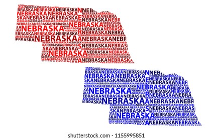 Sketch Nebraska (United States of America, Cornhusker State) letter text map, Nebraska map - in the shape of the continent, Map Nebraska - red and blue vector illustration