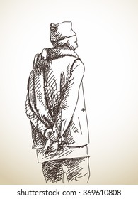 Sketch of nepali man from back with scarf around his neck, Hand drawn illustration