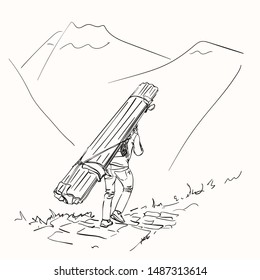 Sketch of nepali porter carrying heavy big load on his head in traditional way, Hand drawn linear illustration