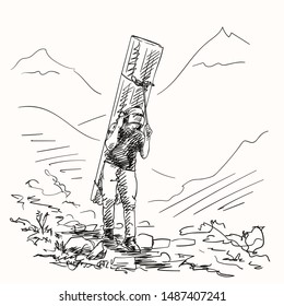 Sketch of nepali porter carrying heavy big load on his head in traditional way, Hand drawn illustration