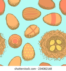 Sketch nest with eggs in vintage style, vector seamless pattern