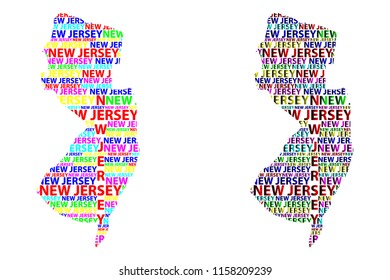 Sketch New Jersey (United States of America) letter text map, New Jersey map - in the shape of the continent, Map New Jersey - color vector illustration