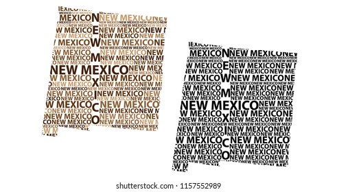 Sketch New Mexico (United States of America) letter text map, New Mexico map - in the shape of the continent, Map New Mexico - brown and black vector illustration