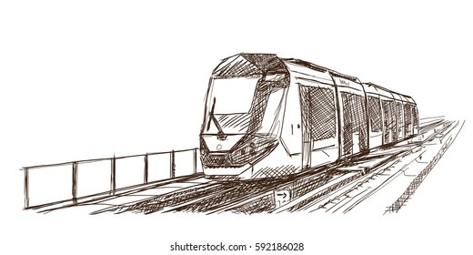 Sketch of New modern tram in Dubai, United Arab Emirates in vector illustration.