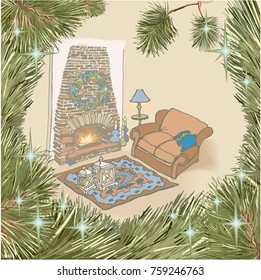  sketch New Year -Fireplace in stone, sofa, rug, candles, shining stars, hand painted in tender colors, romantic frame, wreath of Christmas tree branches with shining stars, drawn in vector