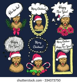 Sketch New Year monkey with bubble in vintage style, vector set