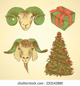 Sketch New Year ram and present in vintage style, background 
