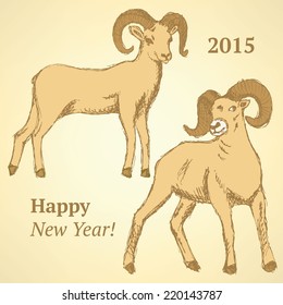 Sketch New Year ram in vintage style, background 