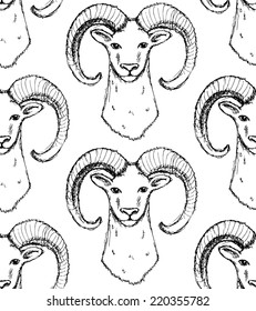 Sketch New Year ram in vintage style, seamless pattern 