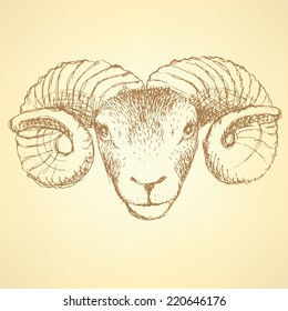 Sketch New Year ram in vintage style, background 