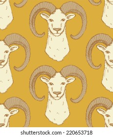 Sketch New Year ram in vintage style, seamless pattern 