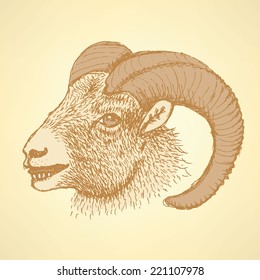 Sketch New Year ram in vintage style, background 