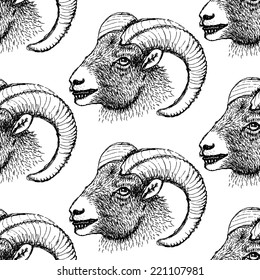 Sketch New Year ram in vintage style, seamless pattern 