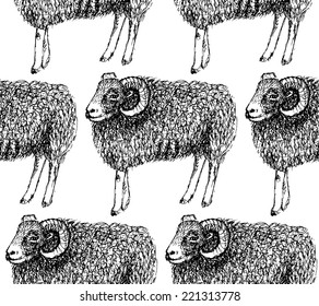 Sketch New Year ram in vintage style, seamless pattern 