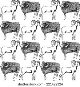 Sketch New Year ram in vintage style, seamless pattern 