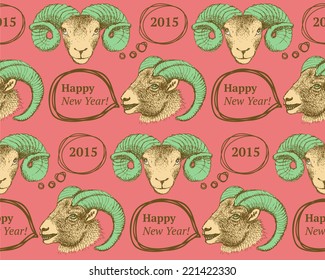 Sketch New Year ram in vintage style, seamless pattern 