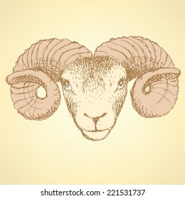 Sketch New Year ram in vintage style, background 